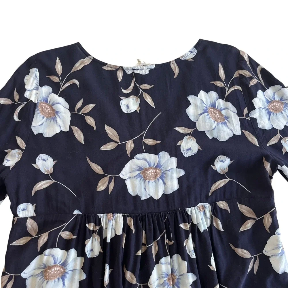 Entro Women L Navy Blue Floral Print 3/4 Tie Sleeve V Neck Ruffle Hem Dress Boho